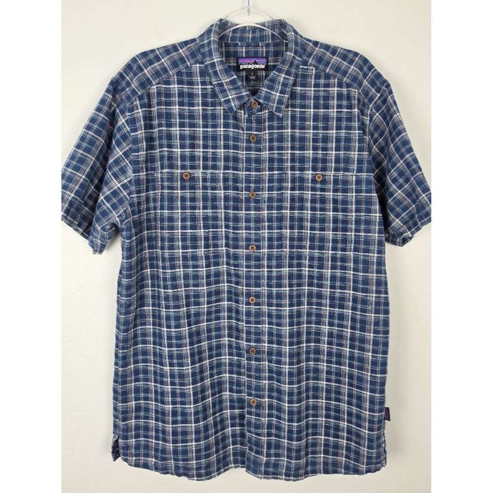 Patagonia Back Step Shirt Hemp Button Up Short Sleeve Plaid Blue Green Size L